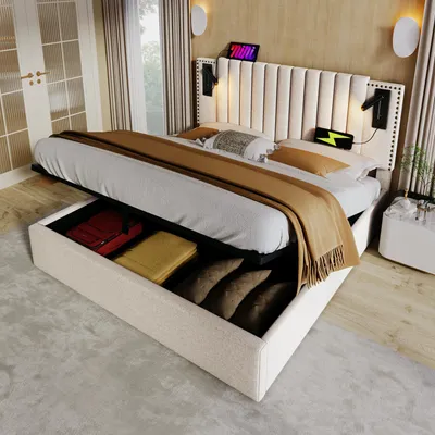 Produktbild von Hochwertiges Polsterbett 180x200cm aus Baumwolle, Doppelbett mit Bettkasten Stauraum, Leselicht & USB Ladefunktion, Nietendesign Rš¹ckenlehnet, Beige