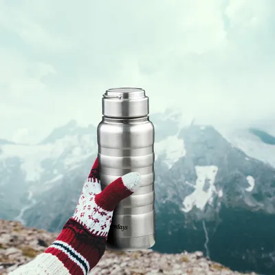 Produktbild von Relaxdays Trinkflasche Edelstahl, 400 ml, auslaufsicher, Kalt- & Heißgetränke, Vakuum Isolierflasche, outdoor, silber