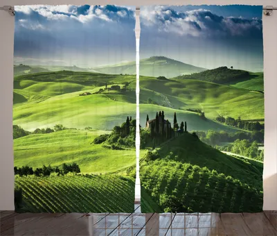 Produktbild von ABAKUHAUS Landschaft Rustikaler Gardine, Sonnenaufgang im Tal, Schlafzimmer Kräuselband Vorhang mit Schlaufen und Haken, 280 x 260 cm, Grün blau
