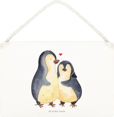 Produktbild von Mr. & Mrs. Panda Schild Pinguin umarmen DIN A5 - Weiß - Geschenk, Hochzeitstag, hängeschild, kleine aufmerksamkeit, Hochzeit, Verknallt, Liebe, Türschild, Holzschild