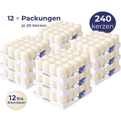 Produktbild von HORECA CANDLES Stumpenkerzen Elfenbein Ø4x7 cm 240er Set – 12h Brenndauer – Tropfarm & Raucharm – Duftfrei – Für Gastronomie & Haushalt