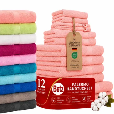 Produktbild von Betz Palermo Handtuch-Set 12-teilig – 100% Baumwolle – ® - Duschtücher, Handtücher, Gästetücher & Waschhandschuhe - Farbe apricot, KI-generiertes Bild