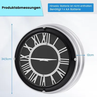 Produktbild von Ø 34,5 cm Leise Wanduhr mit Silbernem Rahmen & Römischem Ziffernblatt ohne Tickgeräusche-Ø 34,5 cm