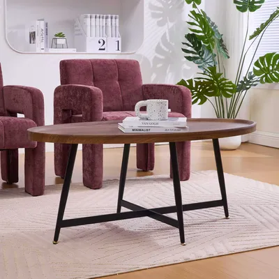 Image de Table basse ovale au design nordique, table d'appoint minimaliste en bois avec structure métallique pour le salon, table à thé moderne