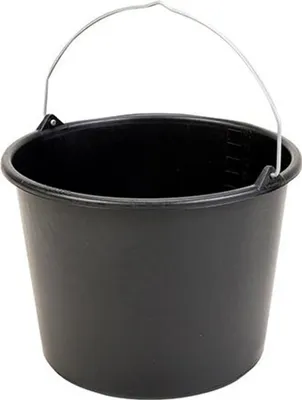 A black plastic bucket with a metal handle against a white background.