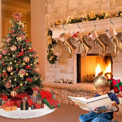 Produktbild von Runder Weihnachtsbaumteppich von 120 cm - Weißes Plüsch-Kunstfell - Weihnachtsbaumunterlage - Weihnachtsbaumdekoration - Bodendekoration