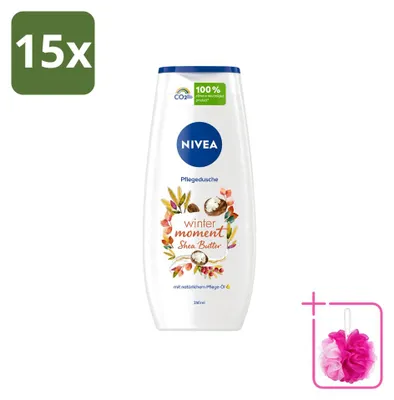 Imagen del producto de 15 unidades de gel de ducha NIVEA Winter Moment con manteca de karité, 250 ml cada uno. Paquete económico