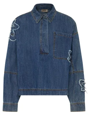 Produktbild von Lässige dunkelblaue Denim Bluse mit halber Knopfleiste und Brusttasche, Größe 46