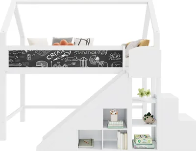 Produktbild von Multifunktionales Kinderbett,Einzelbett mit Graffiti-fähige Tafel, Rutsche, Treppe und Schränken, Treppe mit Stauraum