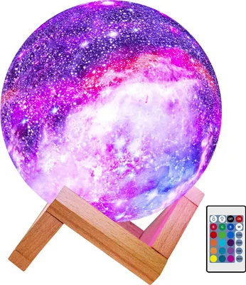 Produktbild von Mondlampe, Galaxy Night Light, 3D-Druck Mondlampe, 16 Farben LED 3D Star Mondlicht mit Holzständer, Fernbedienung und Touch-Steuerung USB wiederaufladbar, 15 cm / 5,9 Zoll