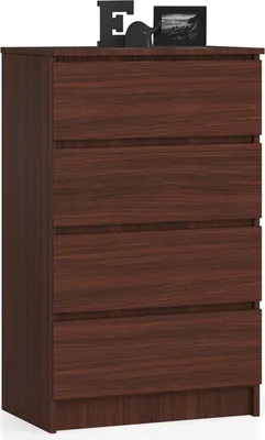 A chest of drawers with a wood grain finish.