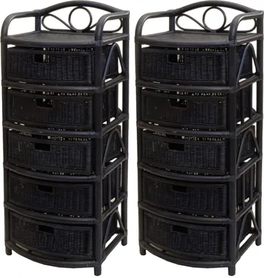 Produktbild von KRINES HOME 2er Set Regale mit 5 Schüben aus Natur-Rattan, Kommode / Korbregal 53x43x129 (Dunkel-Blau)