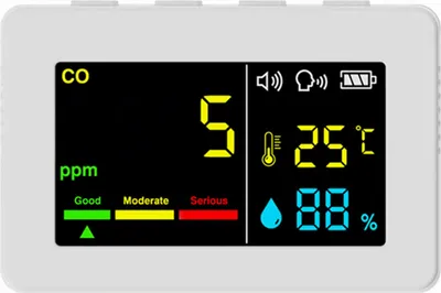 Obrázek produktu pro Přenosný měřič kvality vzduchu 3v1 CO Teplota a vlhkost Tester Barevná obrazovka Detektor oxidu uhelnatého s hlasovou výstrahou a funkcí zobrazení elektrického množství