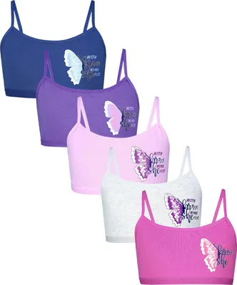 Produktbild von TupTam Mädchen Bustier mit Spaghettiträger 5er Pack, Farbe: Schmetterling Rosa Lila Grau Dunkelblau, Größe: 164-170
