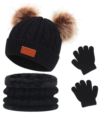 Produktbild von 3-teiliges Kinder Wintermützen-Schal-Handschuh-Set, Strickmütze warm, für Jungen & Mädchen, 2-6 Jahre, Schwarz