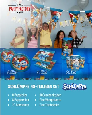 Produktbild von Die Schlümpfe 48-tlg. Party Set – Deko mit Bechern Tellern Servietten Tüten