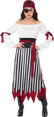 A woman wearing a pirate costume.