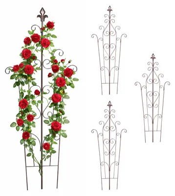 Zdjęcie produktu dla Relaxdays – kratka do pnączy, zestaw 4 sztuk, wys. x szer.: 100 x 40 cm, styl vintage, metal, podpora dla pnączy, ogród, rośliny doniczkowe, brązowa