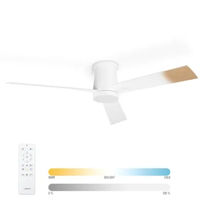 Obrázek produktu pro Stropní ventilátor Noaton® Rhea, stmívatelná LED 22,9 W, dálkové ovládání, bílá/přírodní dřevo, 3 lopatky DC motor, 6 rychlostí, Ø132 cm, časovač