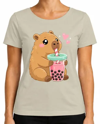 Immagine prodotto di T-shirt da donna con stampa "Kawaii Capybara Boba Bubble Tea", stile giapponese anni 1990/2000, con immagine di un animale carino, taglia L, colore naturale