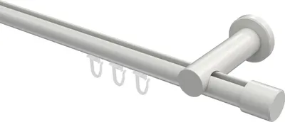 A white double curtain rod with hooks, shown from a diagonal angle against a white background.