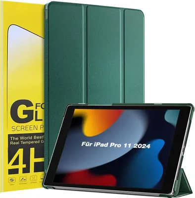 Produktbild von Schutzhülle + 2x 4H Displayfolie für Apple iPad Pro 8. Gen (M5) 2025 11 Zoll Cover Case Schutz Tablet Farbe: Dunkelgrün