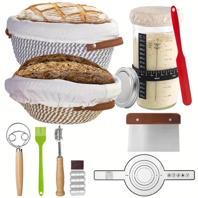 Produktbild von Gärkörbchen Für Sauerteig Starter Set, 25cm & 23cm Gärkorb Brot Brot Backen Mit Sauerteig Starterglas, Brot Backen Startver Set Für Anfänger, Bäcker