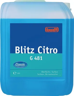 A blue plastic canister of cleaning fluid with a label.