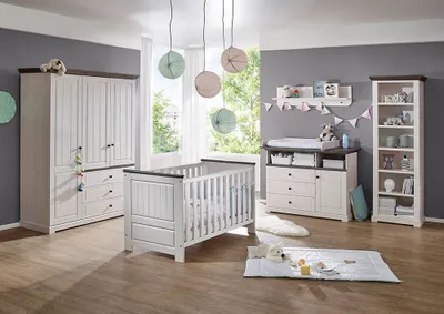 Produktbild von Babyzimmer komplett Set Kiefer weiß mit grau JAANIKA-69, 5-teilig
