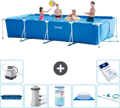 Produktbild von Intex-Schwimmbecken mit rechteckigem Rahmen – 450 x 220 x 84 cm – Blau – im Lieferumfang enthalten Abdeckung - Filterpumpe für Schwimmbad - Filter - Bodenplane - Reinigungskit - Salzwassersystem
