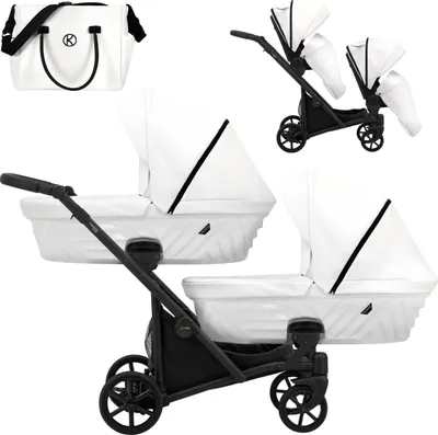 Produktbild von Kinderwagen IVENTO DUO 2 in 1 Komplettset Zwillingskinderwagen Geschwisterwagen Zwillingsbuggy Doppelkinderwagen (White Pearl, Rahmenfarbe: schwarz)