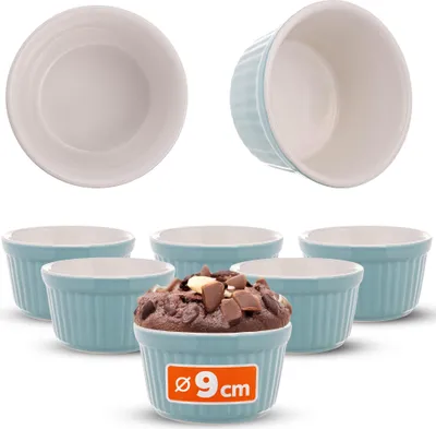 Produktbild von KADAX Soufflé Förmchen, 6 Stück, Ø 9cm Crème Brûlée Schälchen, kleine Ofenförmchen aus Keramik für Creme Brulee, Souffle & Ragout Fin (Blau)