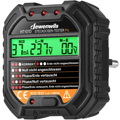 Produktbild von DEWENWILS Strommessgeräte, Steckdosentester mit RCD-Prüfung, FI Test, CAT ll 300V