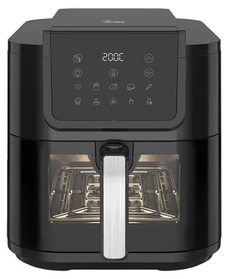 A black air fryer with a digital display and a silver handle.