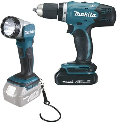 A cordless drill and a flashlight are shown against a white background.