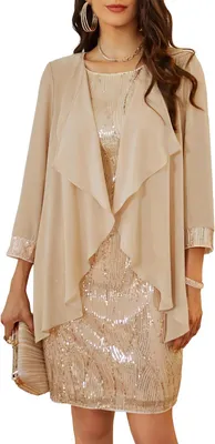 Productafbeelding van Tweedelige avondjurk voor dames met pailletten, mouwloos, met chiffon jasje in champagnekleur