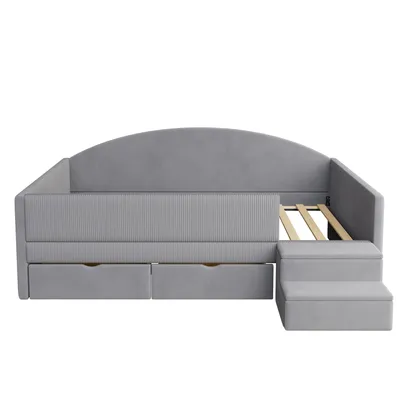 Produktbild von Flieks Polsterbett 90x190cm mit 2 Schubladen, Kinderbett Schlafsofa mit Treppe, Kinder Hochbett mit Rausfallschutz, Samt, Grau