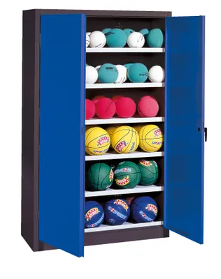 Produktbild von C+P Ballschrank mit Vollblech-Flügeltüren (Typ 3), HxBxT 195x93x50 cm, Enzianblau (RAL 5010), Anthrazit (RAL 7021), Gleichschließung