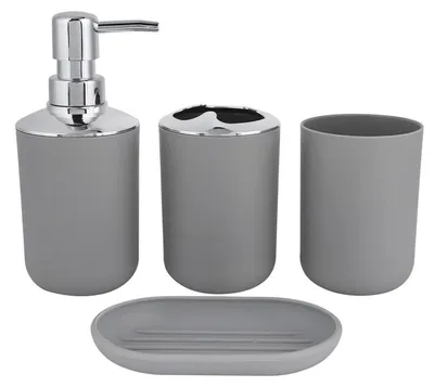 Image de Ensemble d'accessoires de salle de bain en 4 pièces, couleur gris, comprenant un distributeur de savon, un porte-savon, un support pour brosses à dents et un gobelet à dents