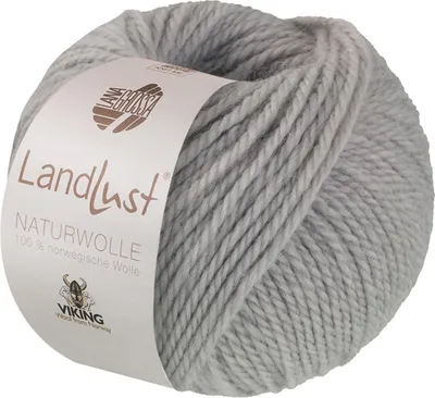 A ball of grey yarn with a label.