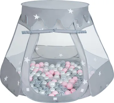 Immagine prodotto di Selonis tenda da gioco per bambini con palline di plastica 105x90cm/100 palline di plastica per bambini, grigio:grigio perla-trasparente-rosa polvere