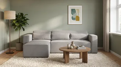 Produktbild von Ecksofa CASTEL L-Form Wohnzimmer Sofa mit Schlaffunktion Bettkasten Kord Lino Grau Links, KI-generiertes Bild