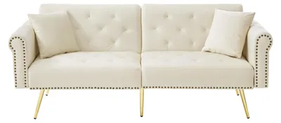 Imagen del producto de Sofa cama de 2 plazas convertible, tapizado en terciopelo beige, con 3 posiciones, de 173x75 cm