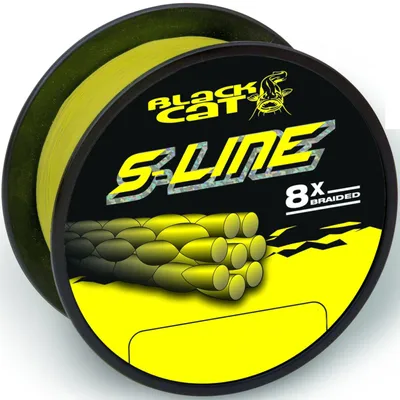 A spool of yellow fishing line with the brand name and product details printed on the packaging.
