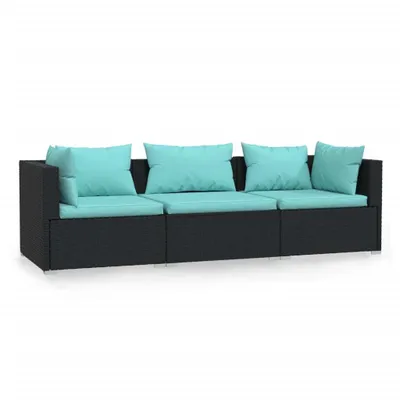 Obrázek produktu pro vidaXL Pohovka pro 3 osoby s polštáři Black Poly Rattan