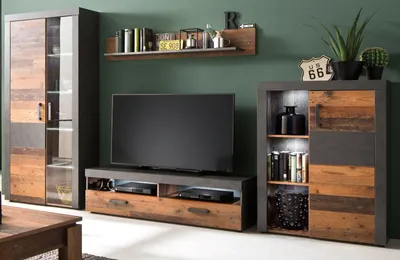 Produktbild von Wohnwand "Indy" 4-teilig Old Used Wood Shabby und Matera grau mit LED Beleuchtung