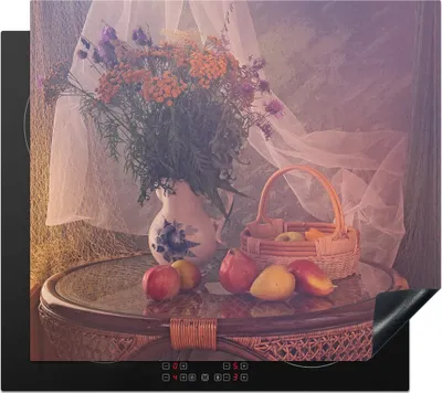Produktbild von KitchenYeah© Herdabdeckplatte Stilleben - Malerei - Vase mit Blumen - Obst - Apfel - Kunst , 57x51cm, Küche Deko, Glaskeramikkochfeld Herdabdeckung, Abdeckplatte fùr Kochfeld