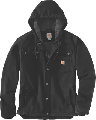 A black Carhartt jacket with a hood is shown against a white background.