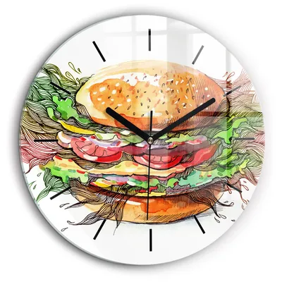 Produktbild von Wallfluent Große Wanduhr – Stilles Quarzuhrwerk - Uhr Dekoration Wohnzimmer Schlafzimmer Küche - Zifferblatt mit Striche - schwarze Zeiger - 60 cm - XXL-Käse-Burger