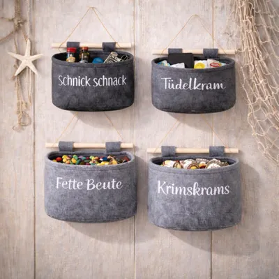Produktbild von Wandorganizer, 4er-Set – Hängende Filztasche mit Holzstange – Hängende Aufbewahrung für Bad, Kinderzimmer und Flur – Wandorganizer ohne Bohren – Grau